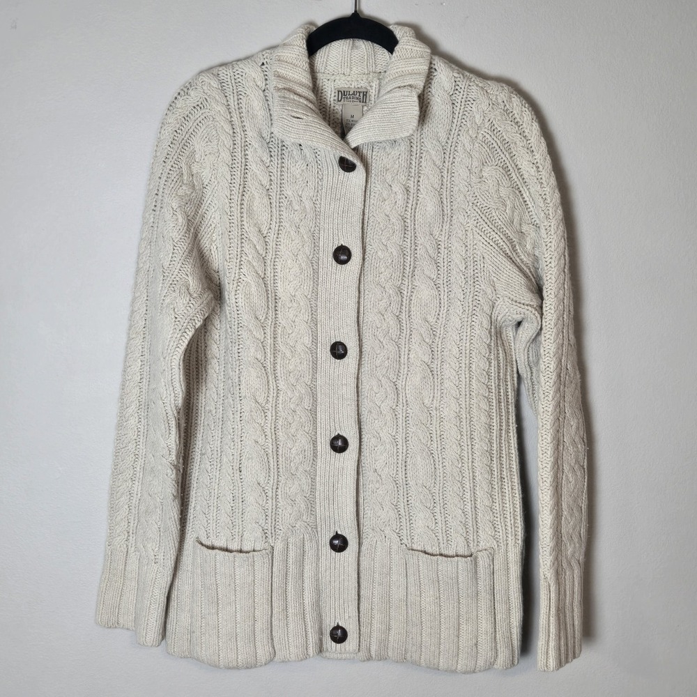 Duluth Trading Co Women's Sz M Fisherman Cardigan Cream Wool Cashmere Cable Knit